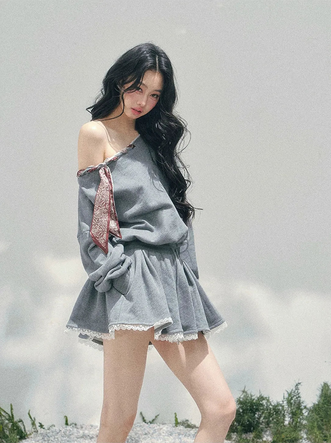 Lace Off-Shoulder Sweatshirt Dress