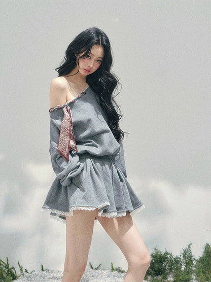 Lace Off-Shoulder Sweatshirt Dress
