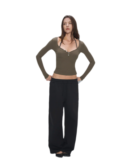 Ribbed V-Neck Button Top