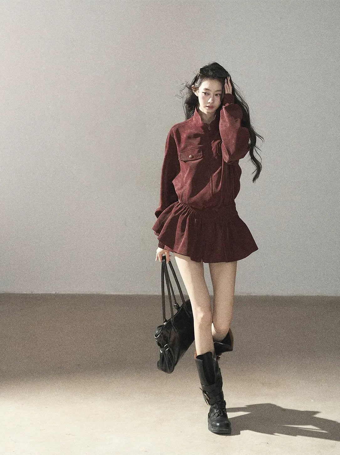 Faux Leather Stand Collar Jacket