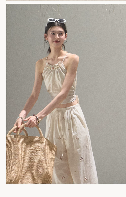 Cotton Eyelet Wide-Leg Pants