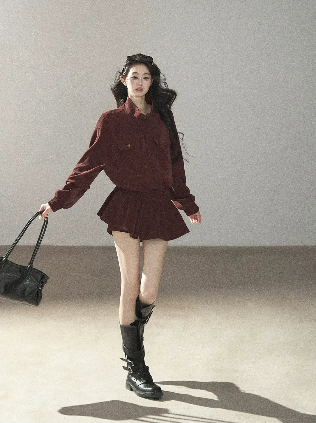 Faux Leather Stand Collar Jacket