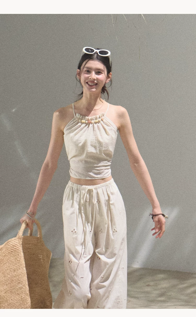 Cotton Eyelet Wide-Leg Pants