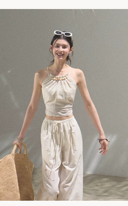 Cotton Eyelet Wide-Leg Pants