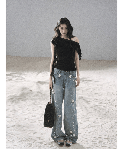 Lace One-Shoulder Crop Tee