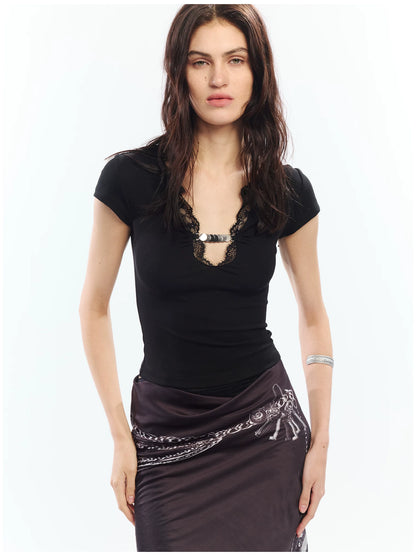 Lace Trim V-Neck Slim Fit T-Shirt