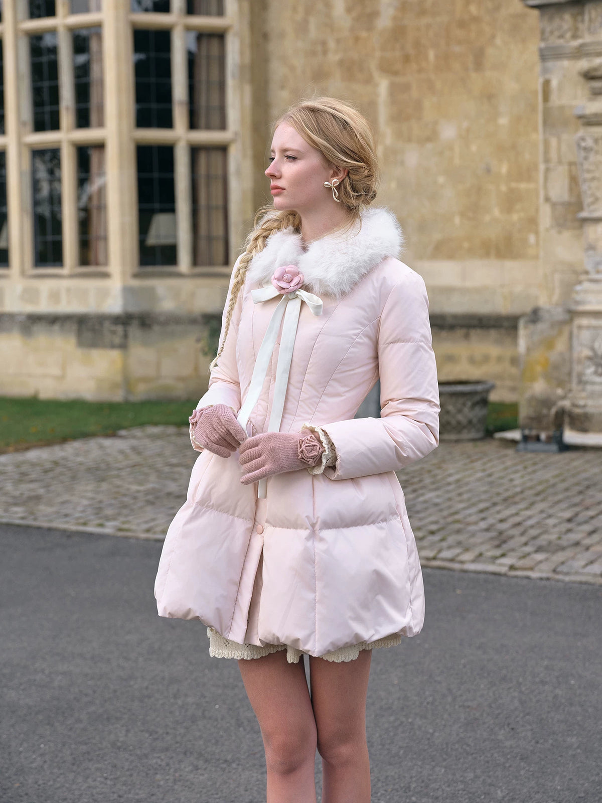 Satin Bow Fitted Down Coat — Load image 19 in gallery view