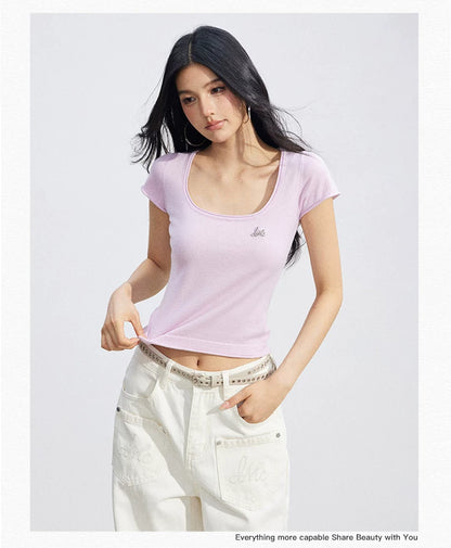 Candy Color U-Neck Short Sleeve T-Shirt