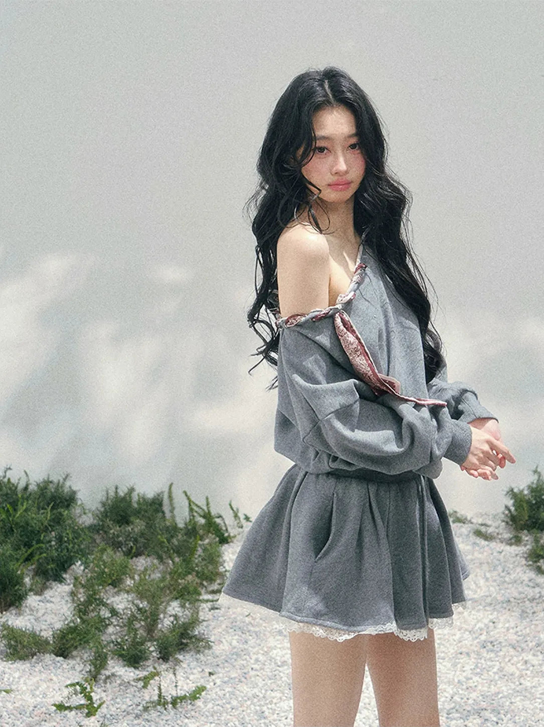 Lace Off-Shoulder Sweatshirt Dress