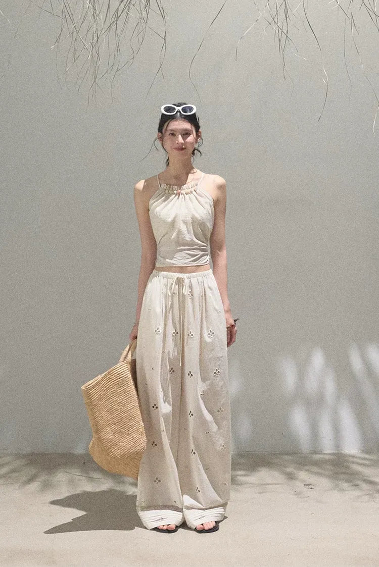 Cotton Eyelet Wide-Leg Pants
