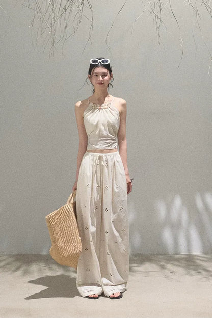 Cotton Eyelet Wide-Leg Pants