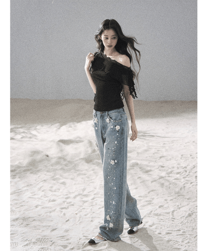 Lace One-Shoulder Crop Tee