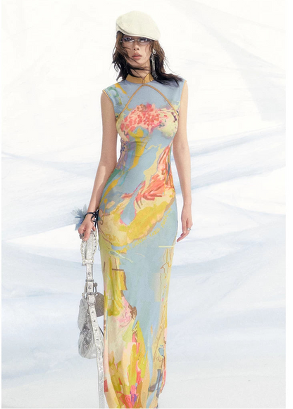 Roman Poem Printed Sleeveless Qipao Dress