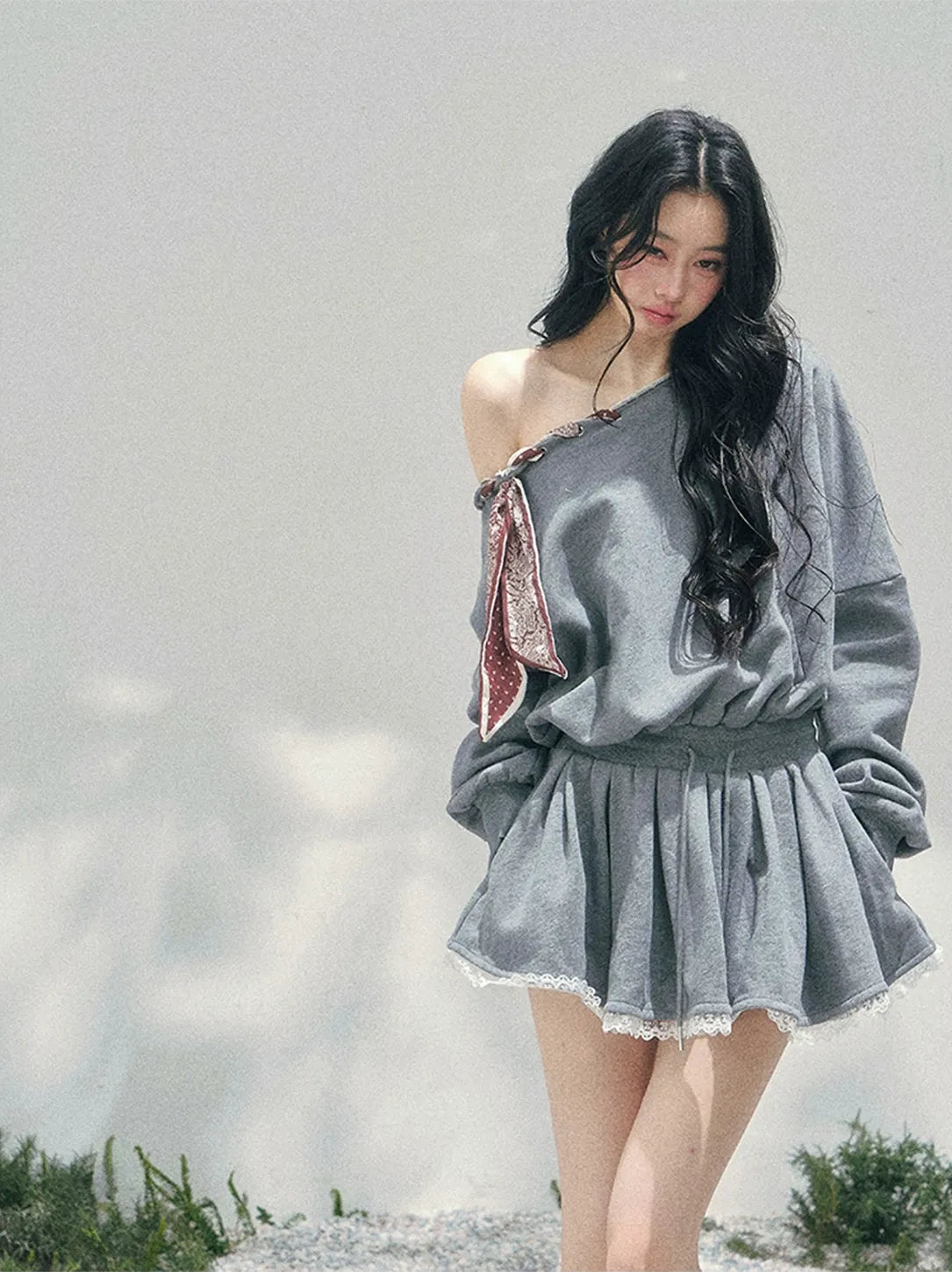 Lace Off-Shoulder Sweatshirt Dress