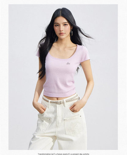 Candy Color U-Neck Short Sleeve T-Shirt