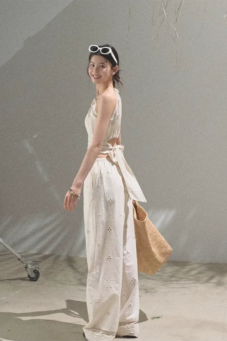 Cotton Eyelet Wide-Leg Pants