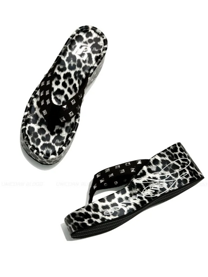 Studded Animal Print Platform Slides