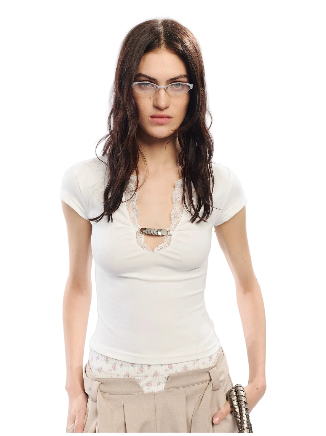Lace Trim V-Neck Slim Fit T-Shirt