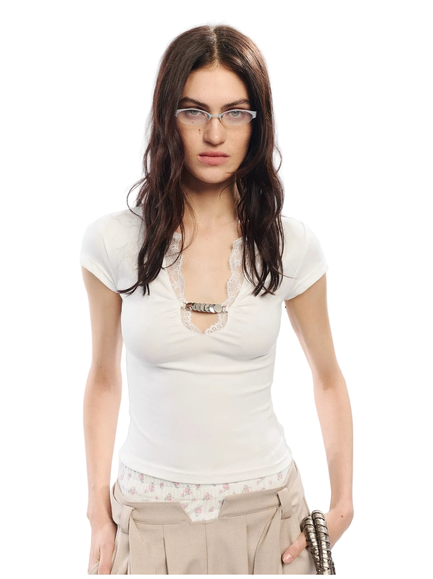 Lace Trim V-Neck Slim Fit T-Shirt