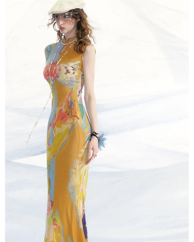Roman Poem Printed Sleeveless Qipao Dress