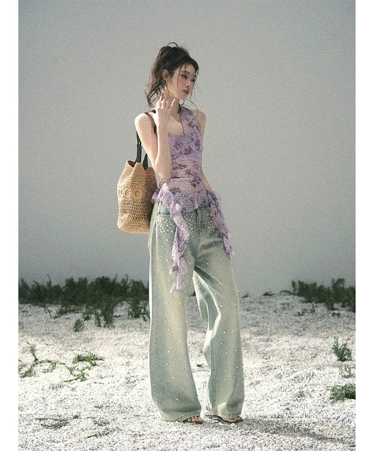 Washed Pearl Wide-Leg Jeans