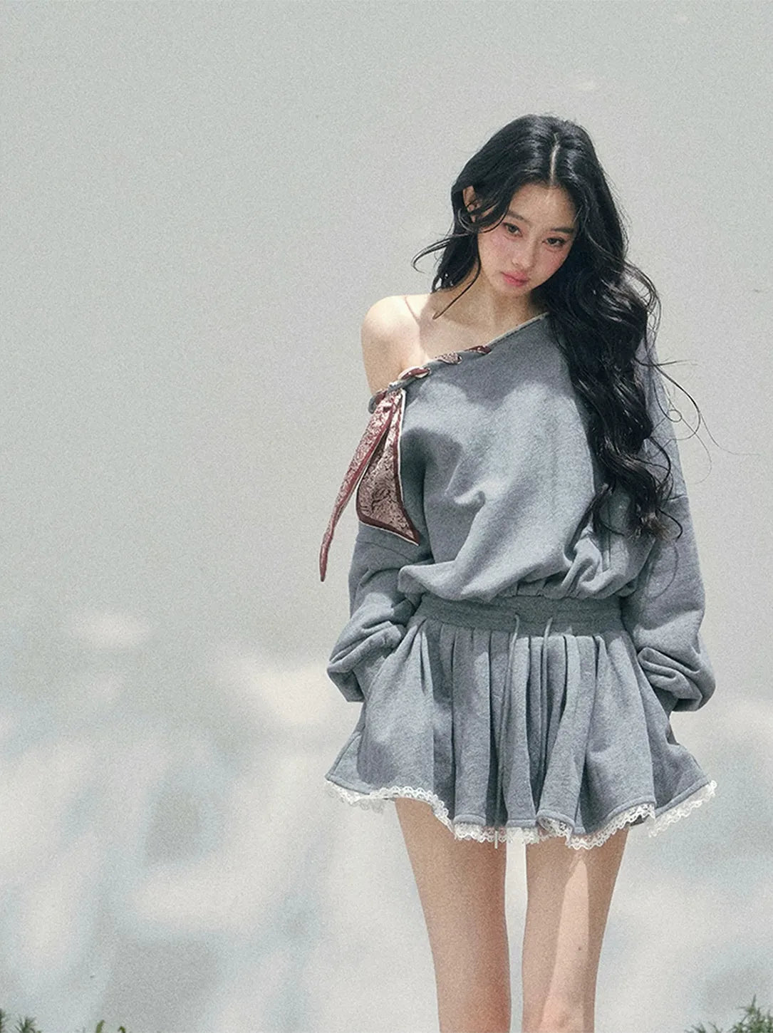 Lace Off-Shoulder Sweatshirt Dress