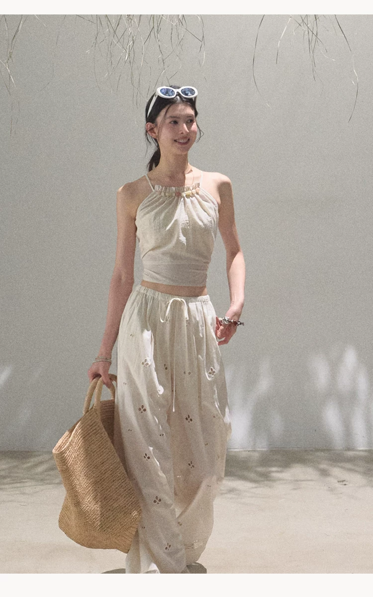 Cotton Eyelet Wide-Leg Pants