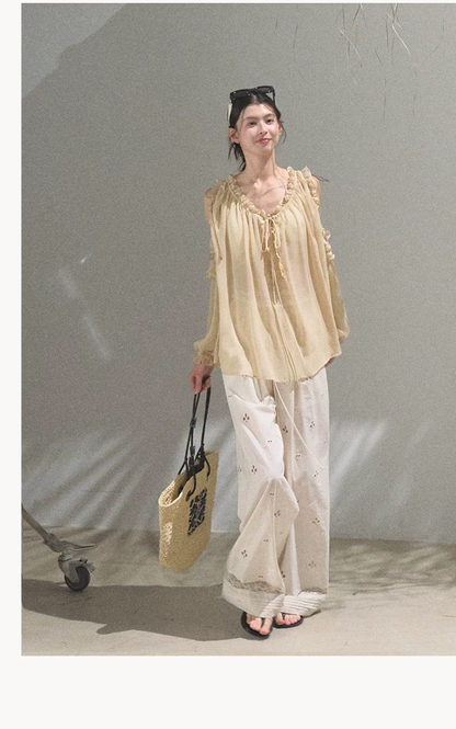 Cotton Eyelet Wide-Leg Pants