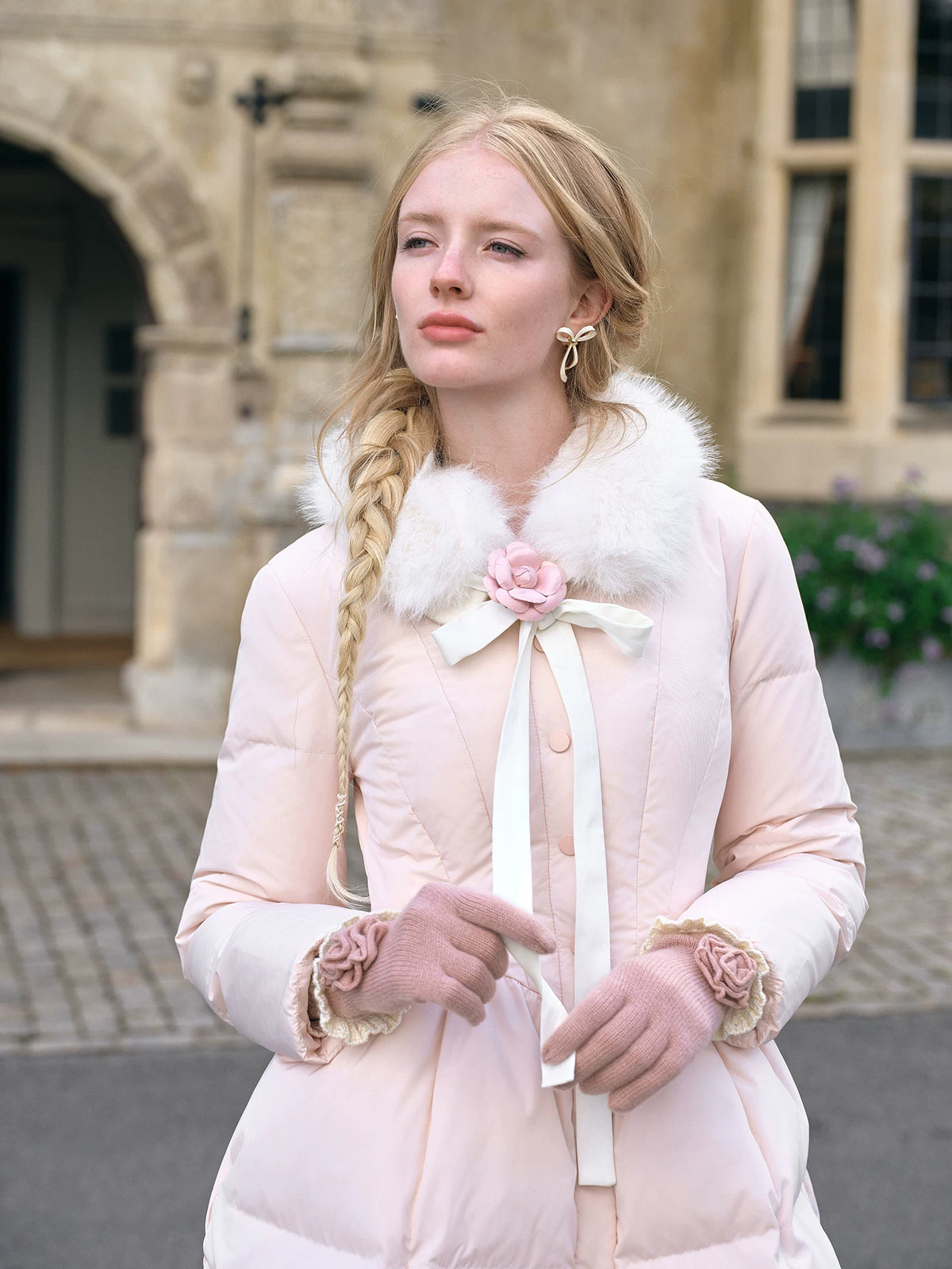 Satin Bow Fitted Down Coat