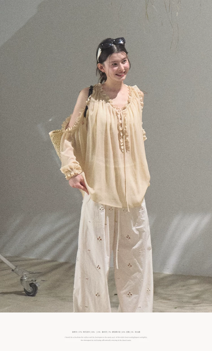 Cotton Eyelet Wide-Leg Pants