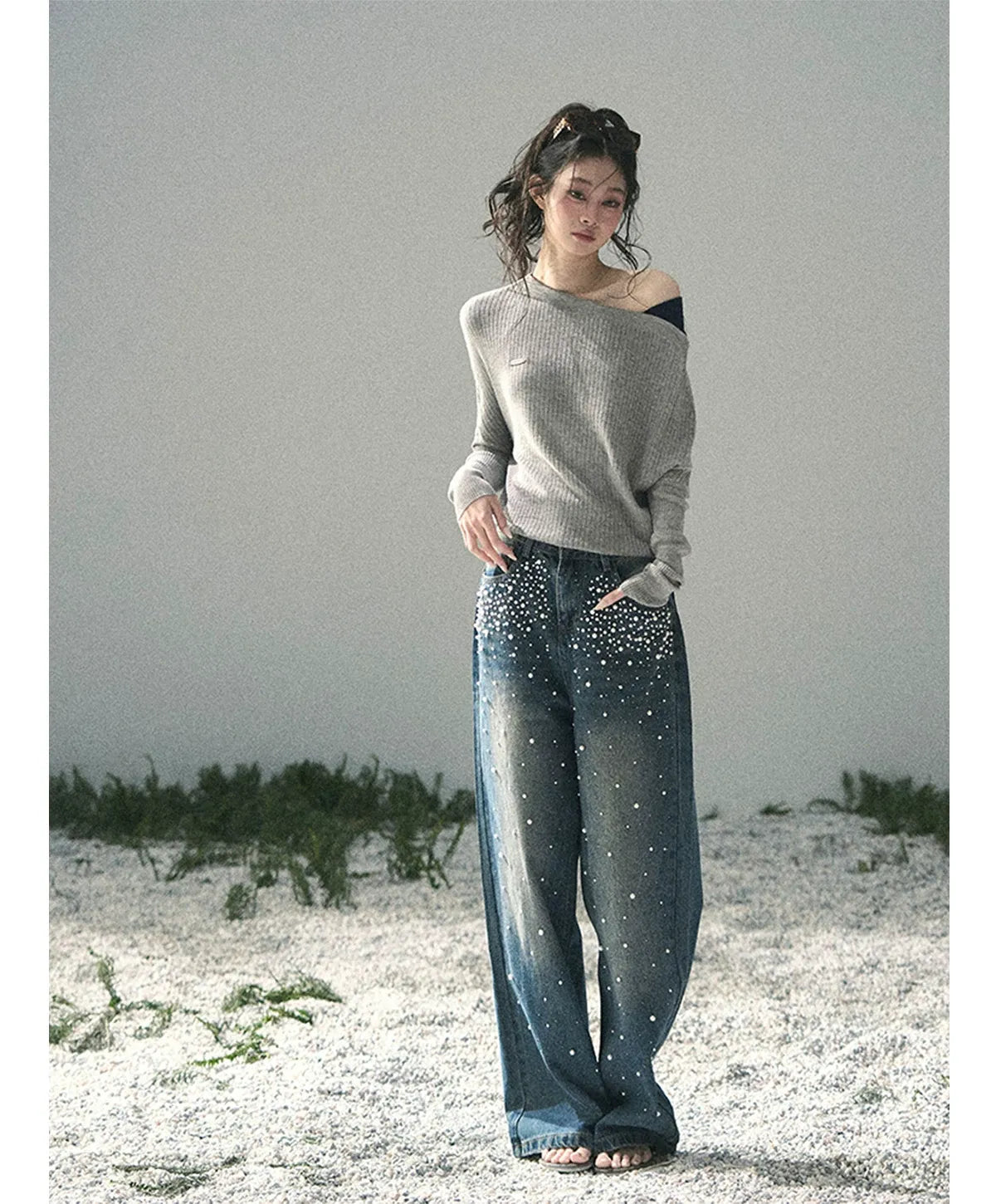 Washed Pearl Wide-Leg Jeans