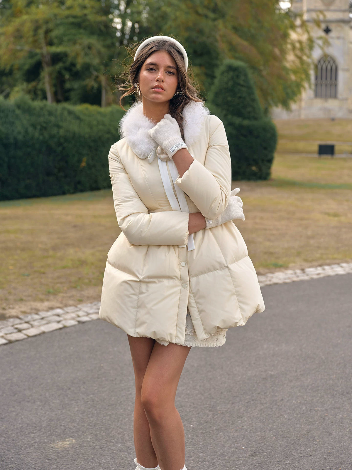 Satin Bow Fitted Down Coat