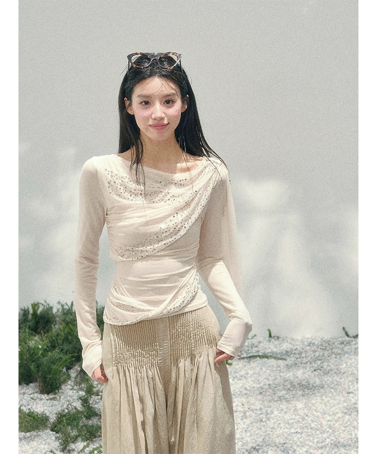 Mesh Drape Rhinestone Top