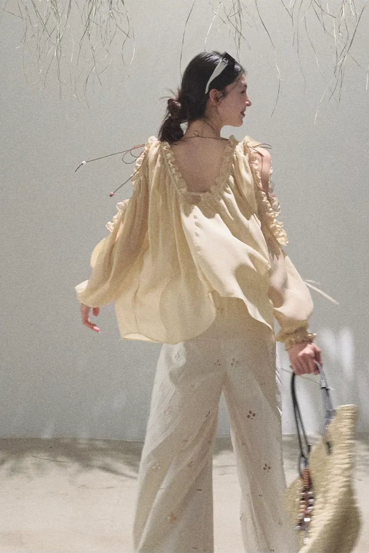 Cotton Eyelet Wide-Leg Pants