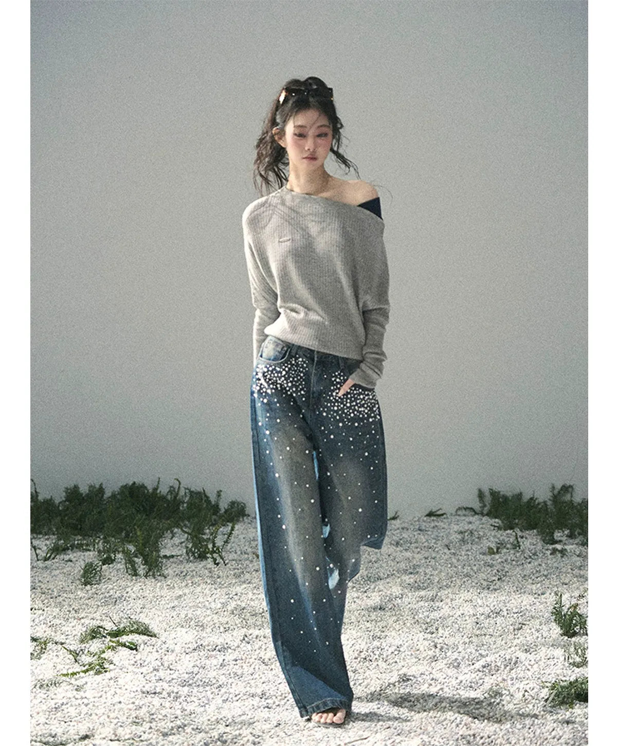 Washed Pearl Wide-Leg Jeans