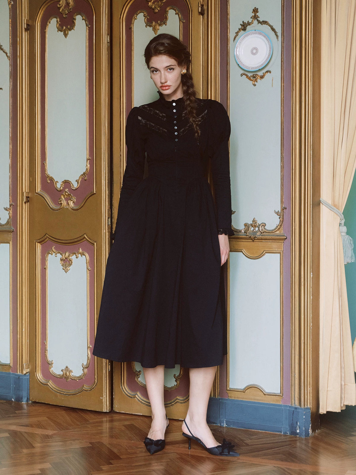 Lace Trim Victorian Midi Dress