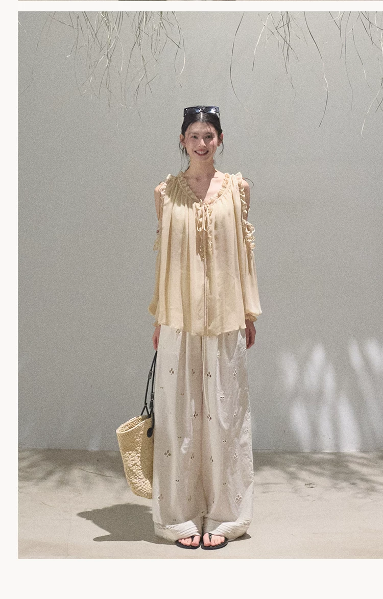 Cotton Eyelet Wide-Leg Pants