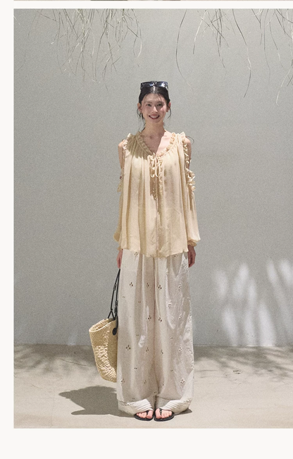 Cotton Eyelet Wide-Leg Pants