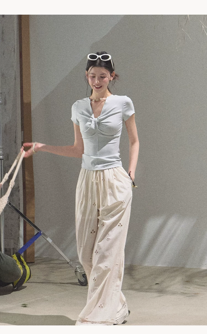 Cotton Eyelet Wide-Leg Pants