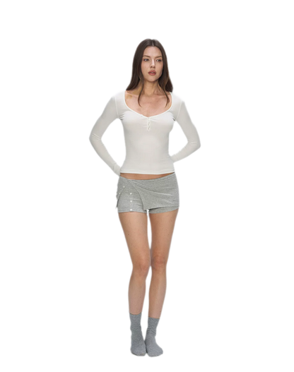 Ribbed V-Neck Button Top