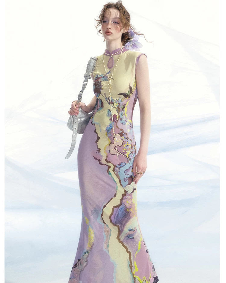 Roman Poem Printed Sleeveless Qipao Dress