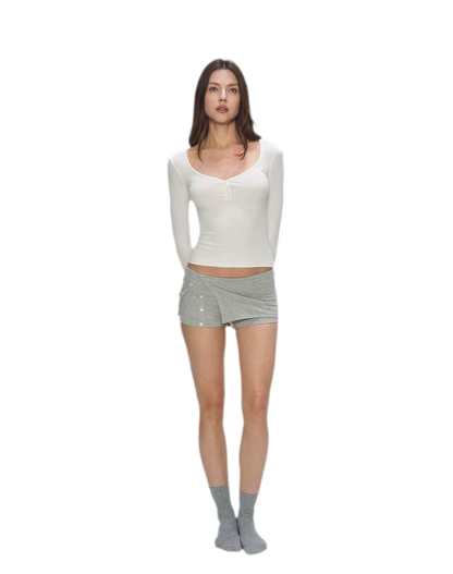 Ribbed V-Neck Button Top