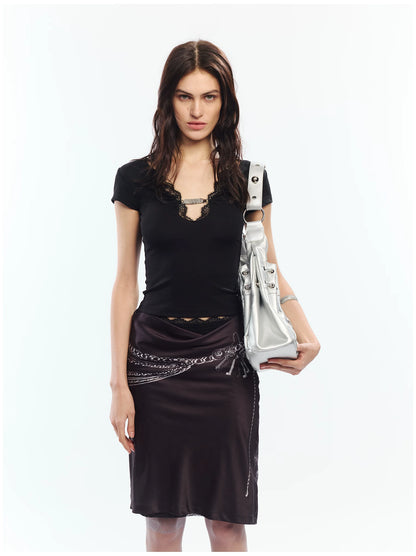 Lace Trim V-Neck Slim Fit T-Shirt