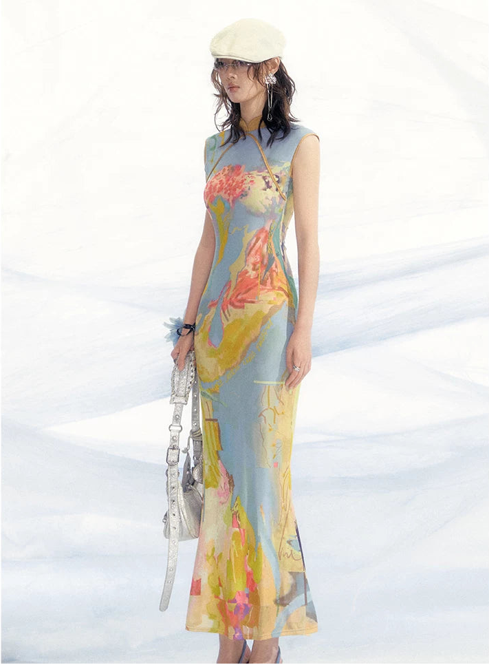 Roman Poem Printed Sleeveless Qipao Dress