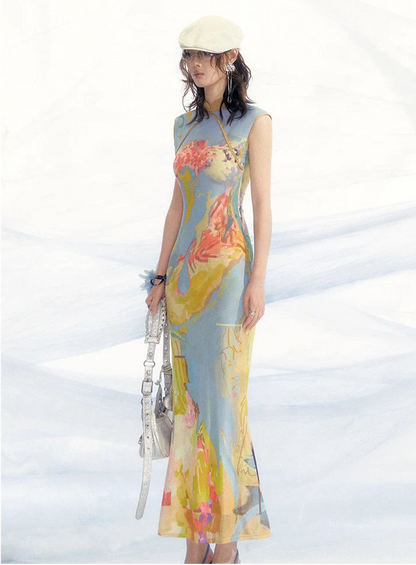 Roman Poem Printed Sleeveless Qipao Dress