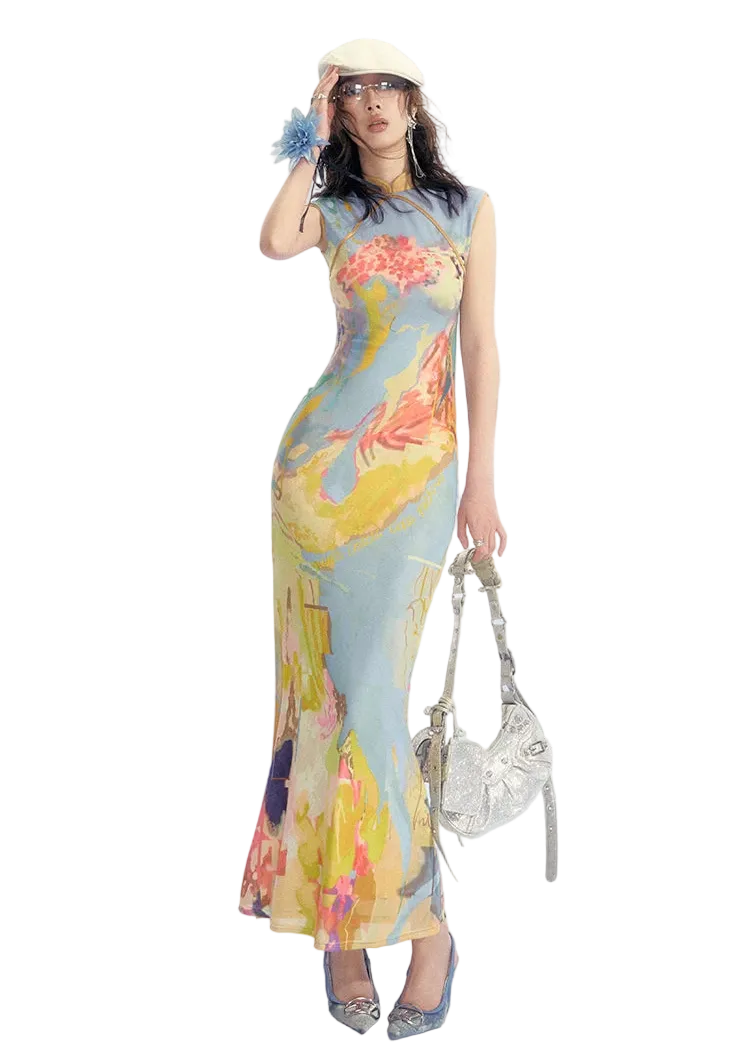 Roman Poem Printed Sleeveless Qipao Dress