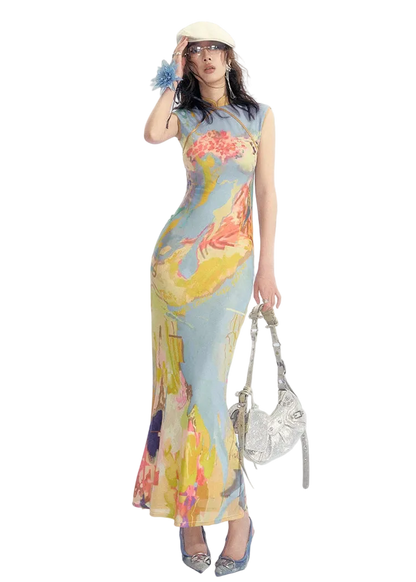Roman Poem Printed Sleeveless Qipao Dress