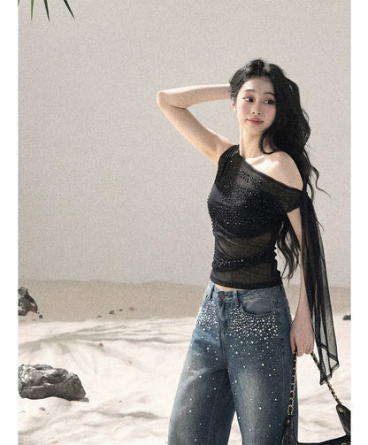 Mesh Drape Rhinestone Top | Final Sale