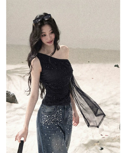 Mesh Drape Rhinestone Top | Final Sale