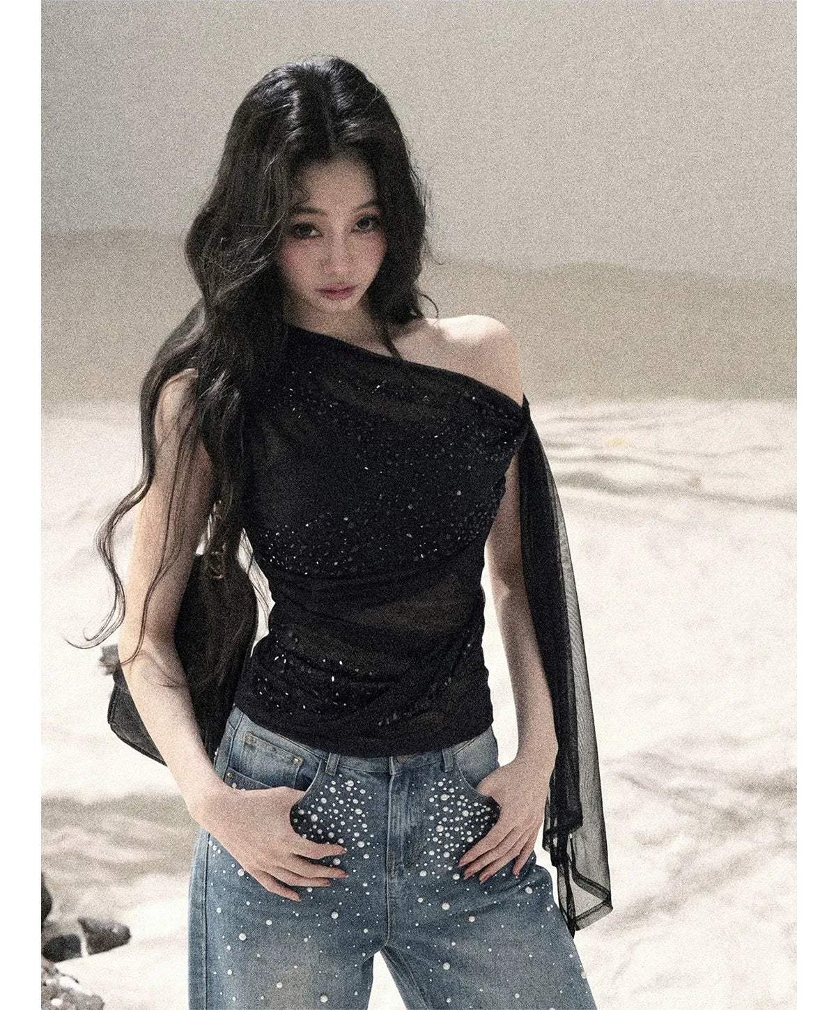 Mesh Drape Rhinestone Top | Final Sale